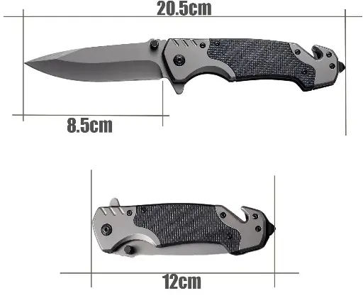 [40180] Folding Lock Knife Black matte 8.5cm Blade with Seatbelt Cutter & Glass Breaker