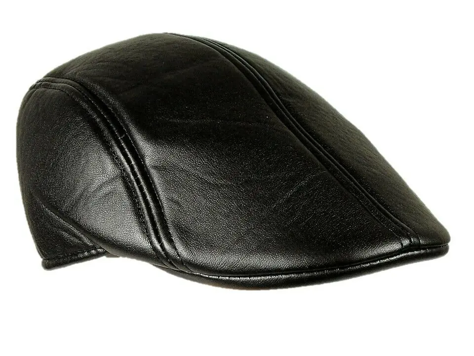  Flat Peak Gatsby Cap Vinyl Faux Leather Black