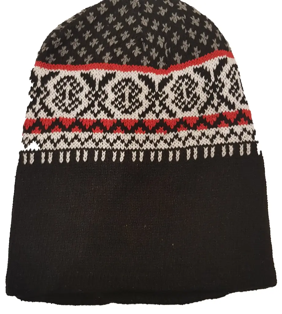  Acrylic Knit Snowflake Beanie Fleece Lined Black-Red