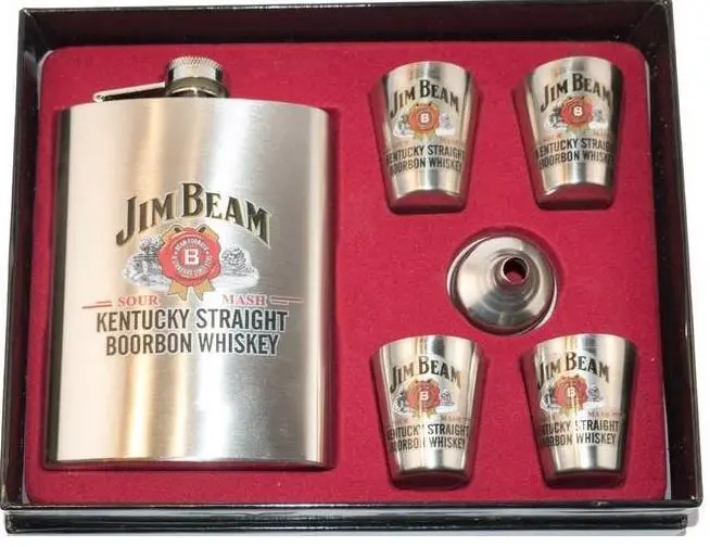  Hip Flask Jim Beam with 4 Shot Cups 8 oz