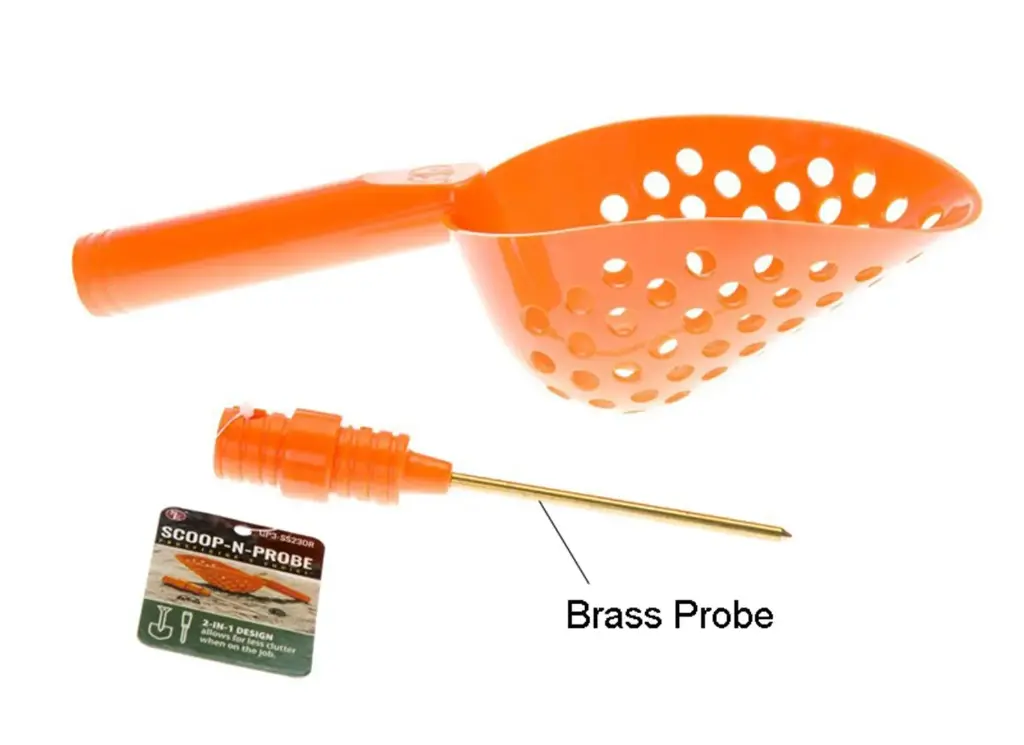  Sand Scoop 14" with Holes and Brass Probe in Handle Orange
