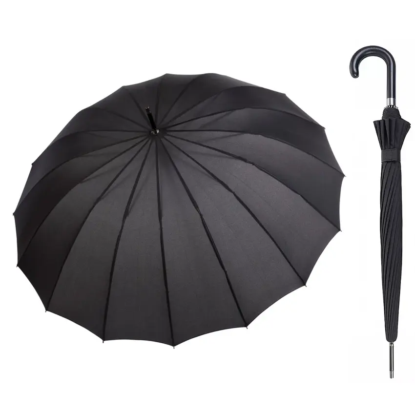  Large Black Umbrella Black Rubber Handle 16 Rib