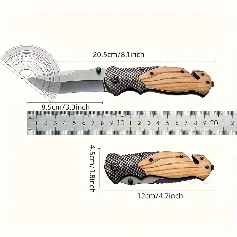 Folding Lock Knife Wood Handle 8.5cm Blade with Seatbelt Cutter & Glass Breaker
