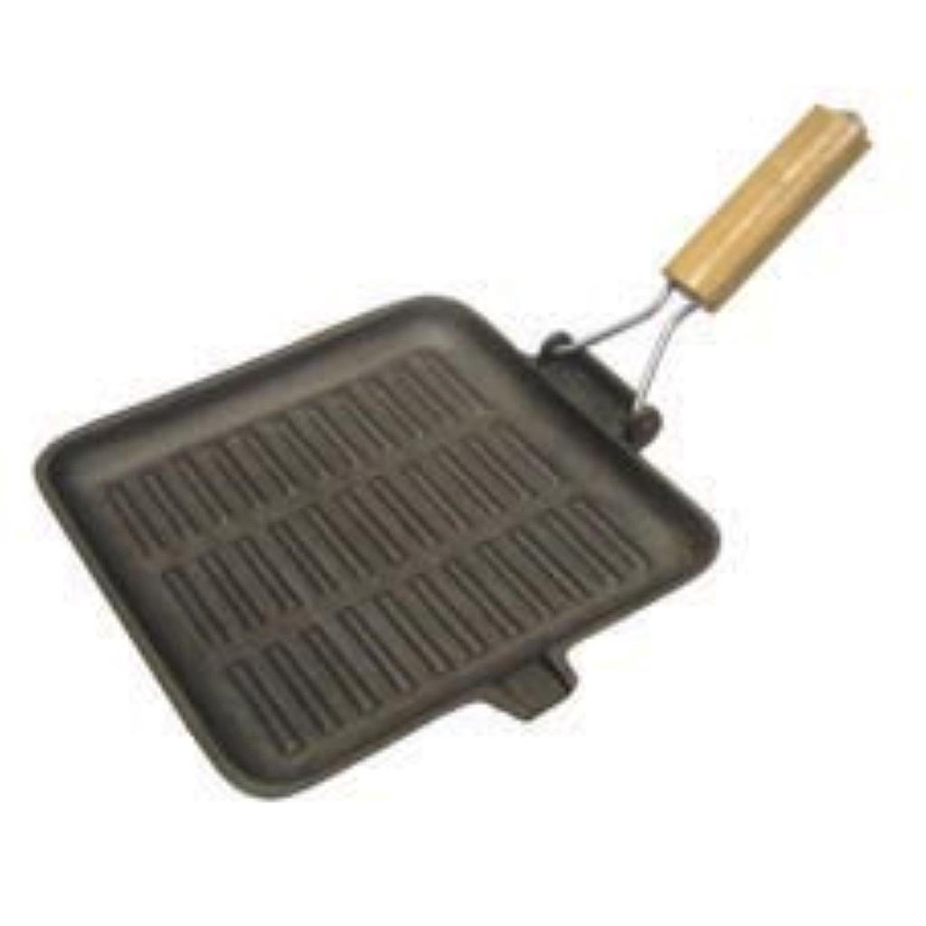 24cm 10&quot; Square Cast Iron Grill Pan Wood Folding Handle