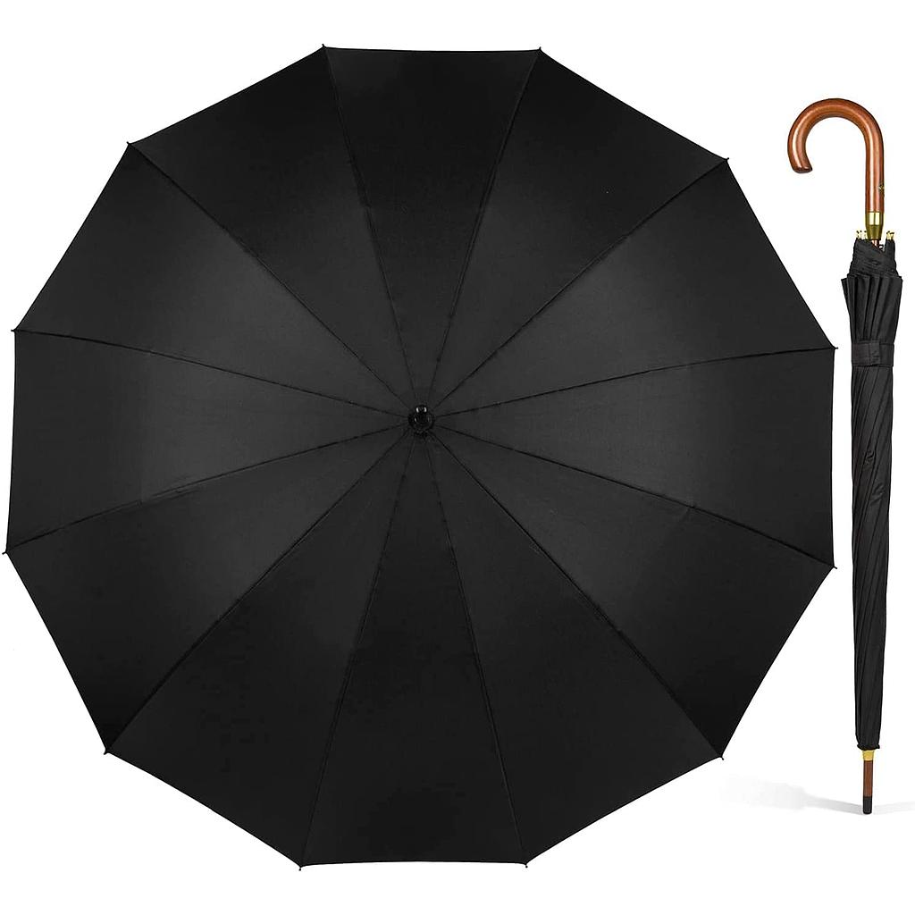 Wood Handle Large Black Umbrella 16 Rib