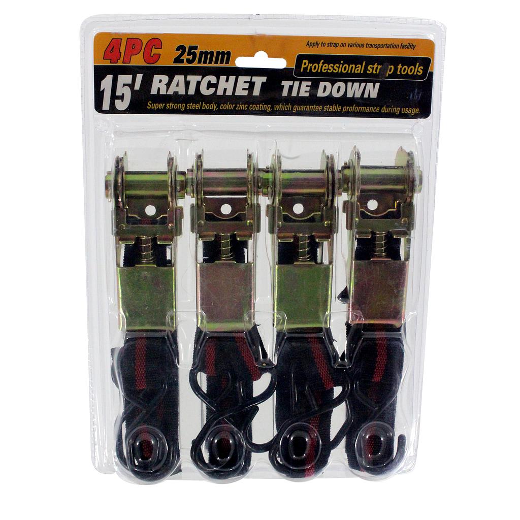 4.5mtx25mm Ratchet Tie Down 15'x1&quot; 4 pcs