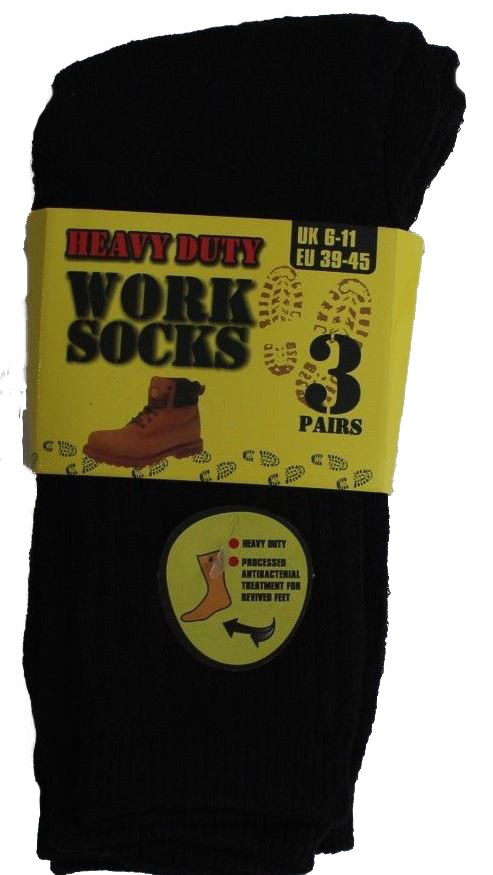 3 Pair Pack Mens Work Socks Heavy Duty Thick Cotton Blend 6-11 Black