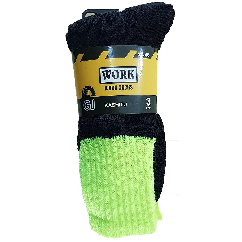 Work Sock 3 pairs 75% Cotton Flouro Green Black Sole