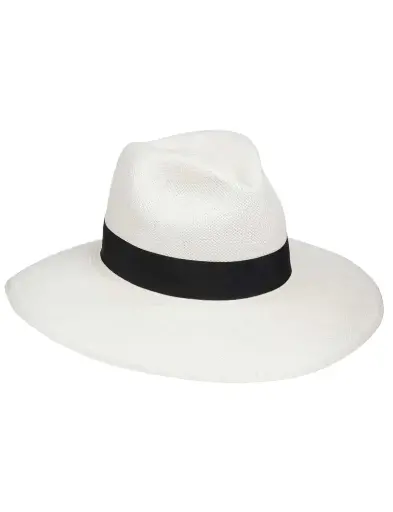 [13109]  White Panama Straw Hat Green Under Brim