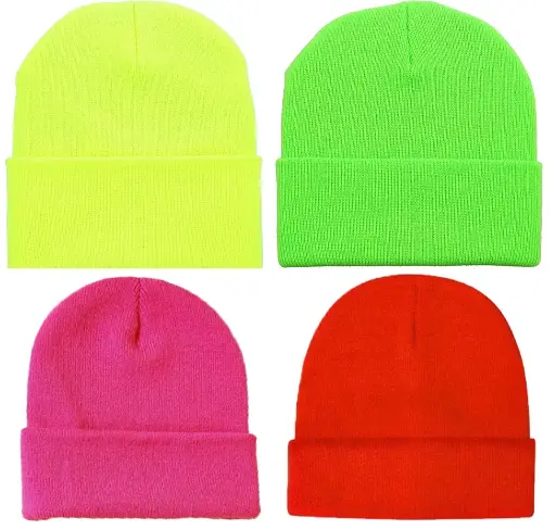 [13506-12]  Acrylic Beanie Fine Knit Asst'd Fluoro Orange,Lime,Yellow,Fuschia Pink 12 Pack