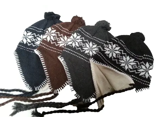 [13514]  Acrlic Knit Beanie with Earflap & Tassel Snowflake Design