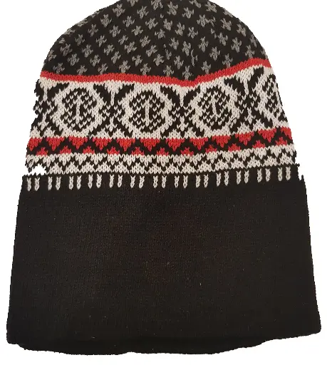 [13519-black-red]  Acrylic Knit Snowflake Beanie Fleece Lined Black-Red