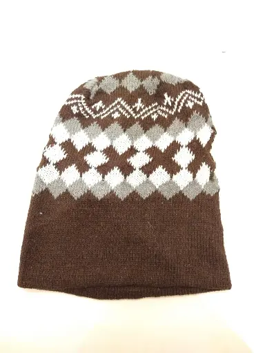 [13519-brown]  Acrylic Knit Snowflake Beanie Fleece Lined Brown