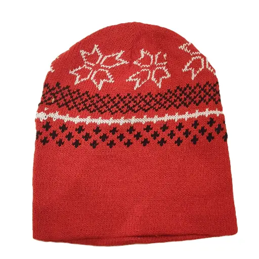 [13519-red]  Acrylic Knit Snowflake Beanie Fleece Lined Red