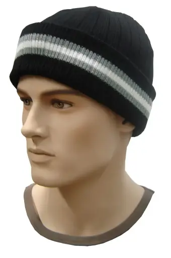 [13626]  Acrylic Knit Beanie with Striped Cuff