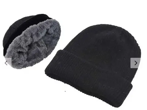 [13680]  Beanie Acrylic Knit Furry Fleece Lined Black