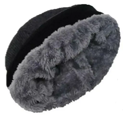 [13691]  Beanie Bulky Marle Acrylic Knit Furry Fleece Lined Navy