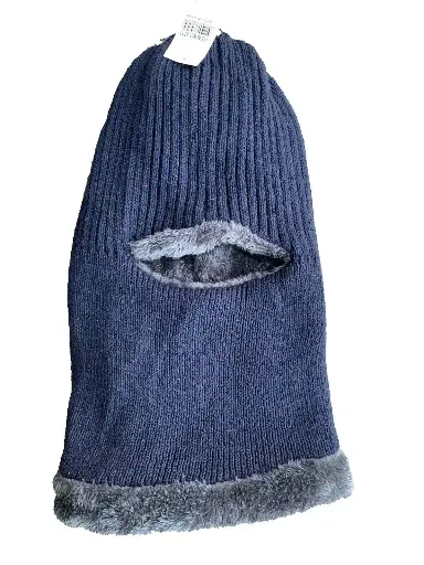 [13706]  Balaclava Bulky Marle Acrylic Knit Furry Fleece Lined Navy