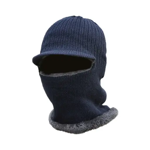 [13710]  Balaclava with Peak Bulky Marle Acrylic Knit Furry Fleece Lined Navy