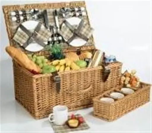 [34441]  Wicker Picnic Basket 4 Person with Coffee Mugs & Wine Glasses