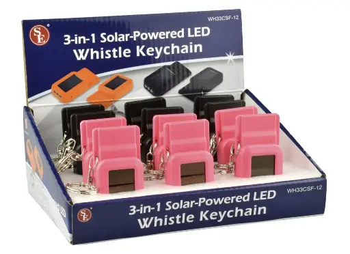 [36221-12]  3-IN-1 Solar Powered LED Whistle with Key Chain 12 pc Display Box