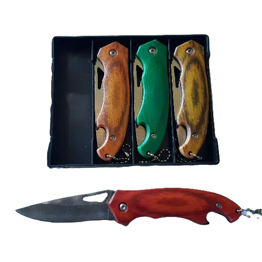 [40160]  Folding Pocket Knife 7 cm Blade 4 pack Asst'd Wood Colour Handle 