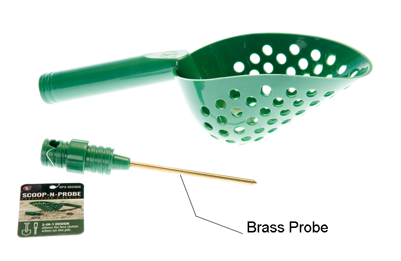 Sand Scoop 14&quot; with Holes and Brass Probe in Handle Green