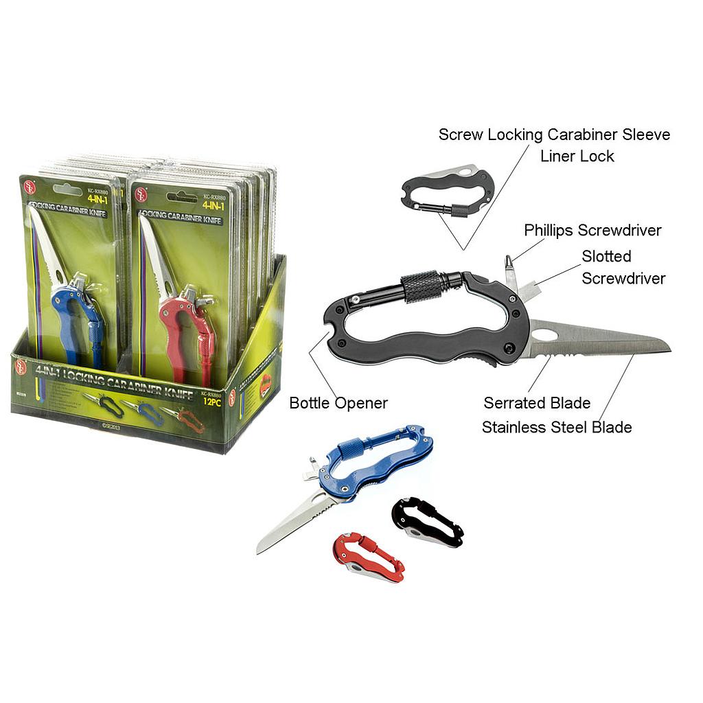 4-IN-1 Carabiner With Lock Knife &amp; Screwdriver Assorted Colours