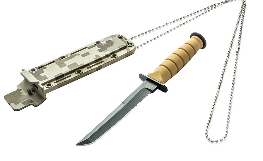 Tanto Knife 8cm x 3mm Thick Black Blade S/Steel Neck Chain &amp; Desert Camo Hard Plastic Case