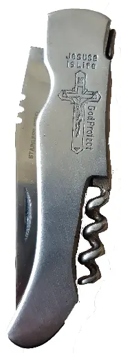 [40301] Jesus is Life God Protect Crucifix Folding Pocket Knife Corkscrew 7.5 cm Blade