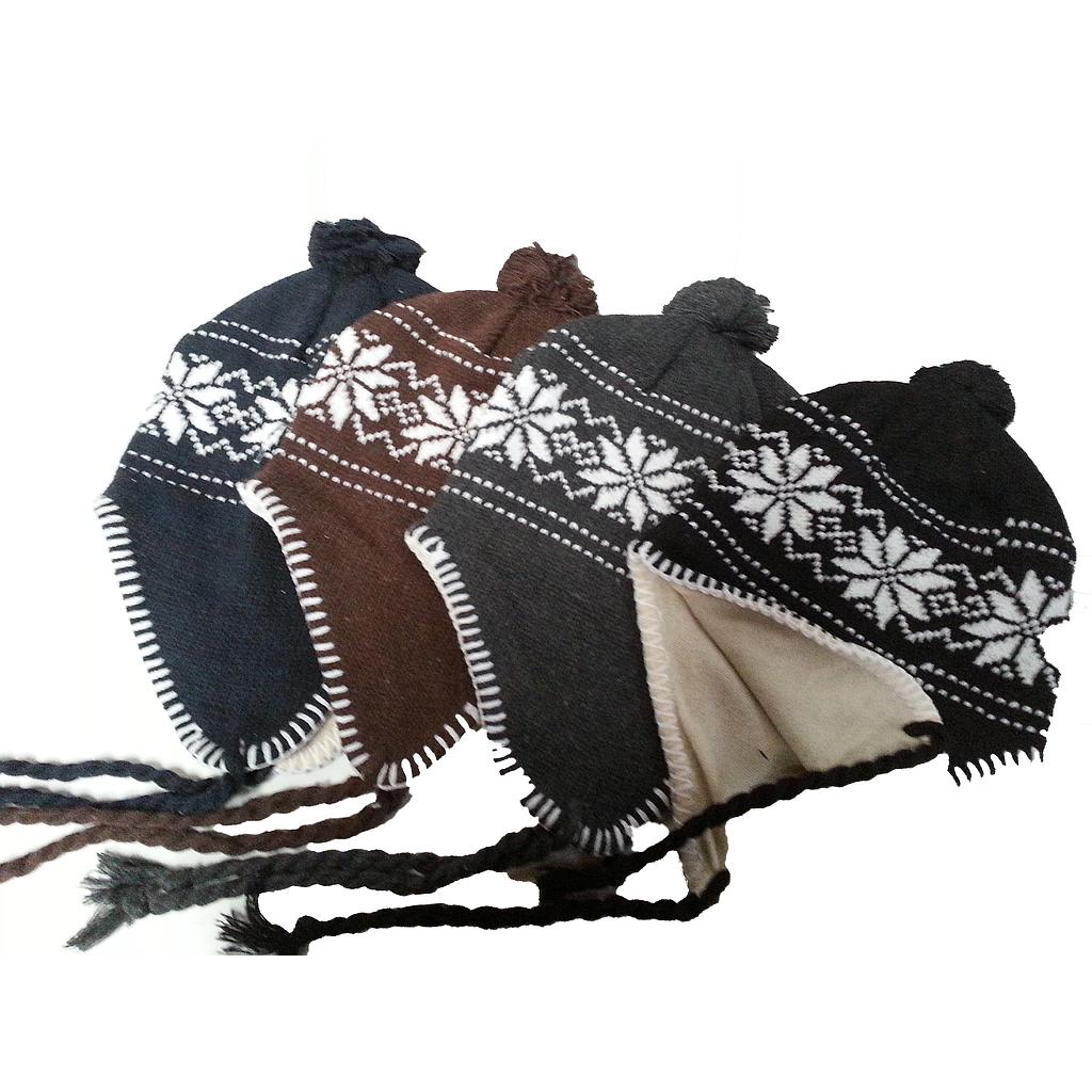 Acrlic Knit Beanie with Earflap &amp; Tassel Snowflake Design 12 pack asst'd Cols