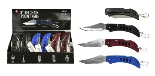 [40535-36]  Mini Lock Back Knife 5cm Blade with Ball Keychain and Pocket Clip Assorted Colours