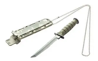 [40541]  Tanto Knife 8cm x 3mm Thick Black Blade S/Steel Neck Chain & Desert Camo Hard Plastic Case