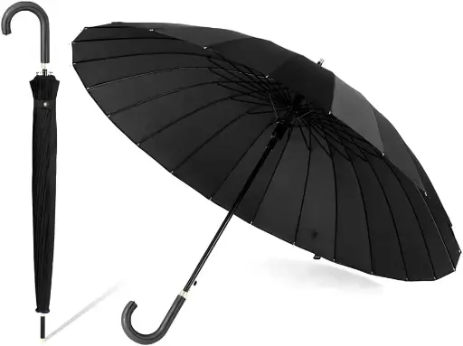 [45305]  Large Black Umbrella Wood Handle 16 Rib