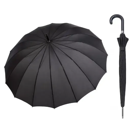 [45307]  Large Black Umbrella Black Rubber Handle 16 Rib