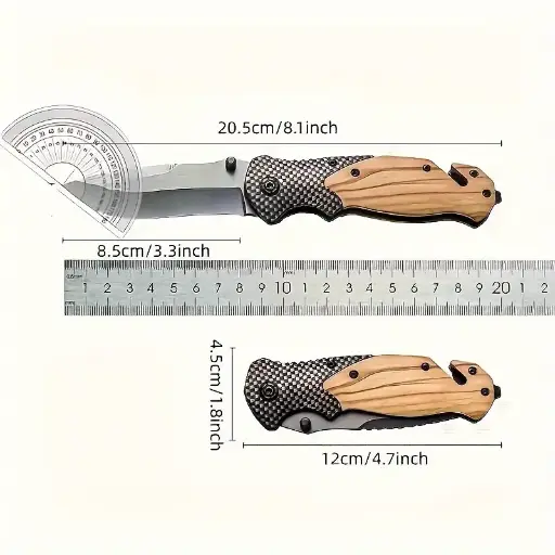 [40185] Folding Lock Knife Wood Handle 8.5cm Blade with Seatbelt Cutter & Glass Breaker