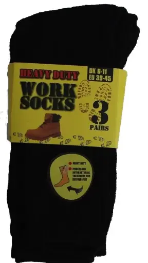 [04960-12]  12 3 Pair Pack Mens Work Socks Heavy Duty Thick Cotton Blend 6-11 Black